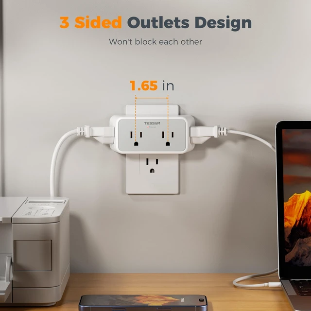 Alt view image 6 of 7 - 1800J Surge Protector Outlet Extender, Multi Plug Wall Outlet, Grey | 4 Widely Outlet Splitter, 3 Sided Multiple Wall Plug Expander for Home Office Kitchen Dorm Room Essentials, 1875W