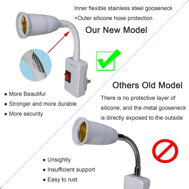 Alt view image 6 of 7 - E26/E27 Plug-in Light Socket Adapter with On/Off Switch | Flexible gooseneck adjusts lighting angle; plug into wall outlet; max 60W