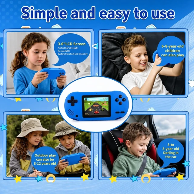 Alt view image 4 of 6 - Handheld Games for Kids, Built-in 300 Retro Handheld Video Games | 3.0" LCD Large Screen, Rechageable portable gaming console, Super Pocket Travel Toys for Kids Ages 4-8 (Blue)
