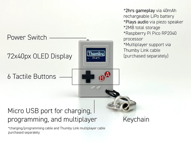 Alt view image 2 of 5 - Thumby Programmable Game Console Keychain Retro Gaming Fun Mini-Console, STEM Learning, USB Rechargeable, 5 Preloaded Games (Gray)