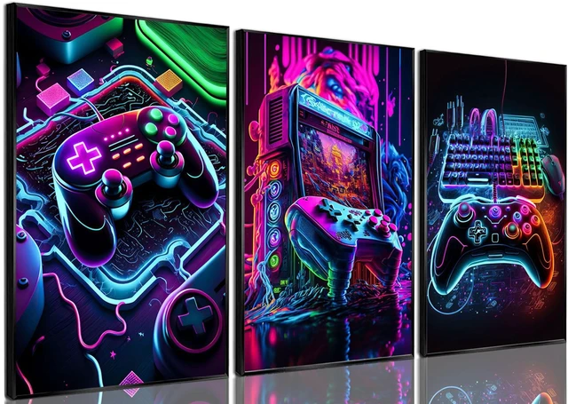 Main image of Game Room Decor Posters Set of 3 - Neon Gaming Accessories Theme Canvas Wall Art, Gamer Console Paintings Picture Wall Decor for Children Youth Boys Bedroom 12x16 inch Unframed