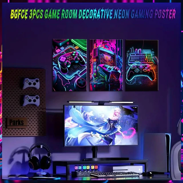 Alt view image 3 of 7 - Game Room Decor Posters Set of 3 - Neon Gaming Accessories Theme Canvas Wall Art, Gamer Console Paintings Picture Wall Decor for Children Youth Boys Bedroom 12x16 inch Unframed