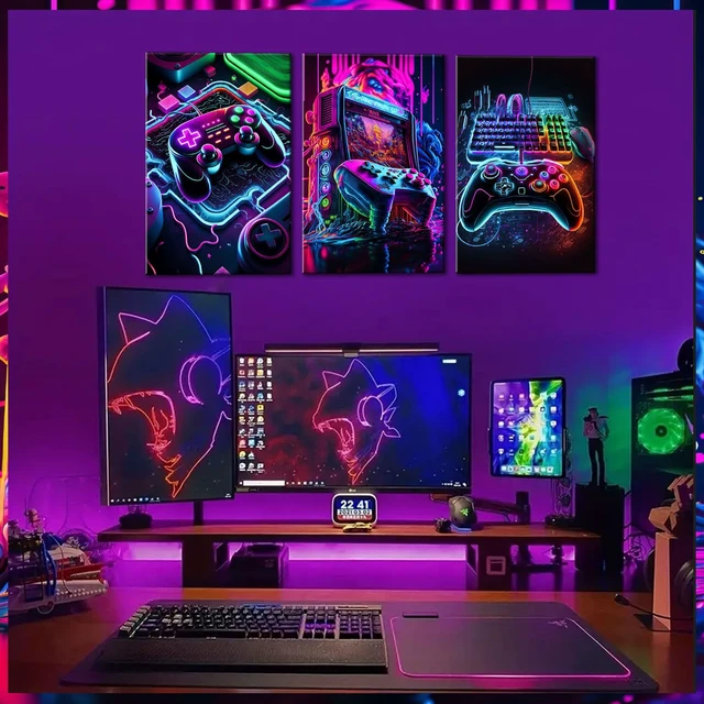 Alt view image 2 of 7 - Game Room Decor Posters Set of 3 - Neon Gaming Accessories Theme Canvas Wall Art, Gamer Console Paintings Picture Wall Decor for Children Youth Boys Bedroom 12x16 inch Unframed