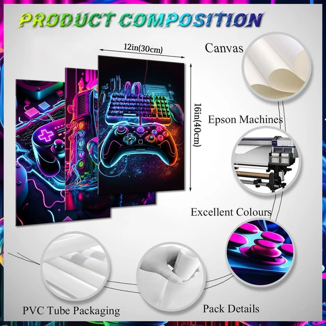 Alt view image 4 of 7 - Game Room Decor Posters Set of 3 - Neon Gaming Accessories Theme Canvas Wall Art, Gamer Console Paintings Picture Wall Decor for Children Youth Boys Bedroom 12x16 inch Unframed