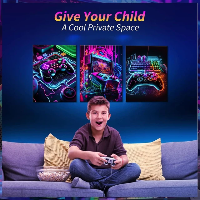 Alt view image 7 of 7 - Game Room Decor Posters Set of 3 - Neon Gaming Accessories Theme Canvas Wall Art, Gamer Console Paintings Picture Wall Decor for Children Youth Boys Bedroom 12x16 inch Unframed