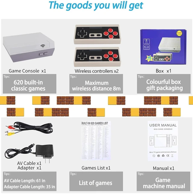 Alt view image 7 of 7 - New Wireless Retro Gaming Console Built-in 620 Video Games | AV Output 8-Bit Classic Rereo Game Console with 2 Wireless Controllers, Plug & Play TV Nostalgia Gaming Gifts