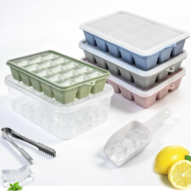 Main image of Silicone Ice Cube Trays with Lid and Bin 4 Pack-1.2in for Freezer | BPA-Free, Food-Grade Silicone, Easy Release, Stackable, Includes Scoop & Tongs, for Whiskey,Cocktails, Juice, Daily Drinks