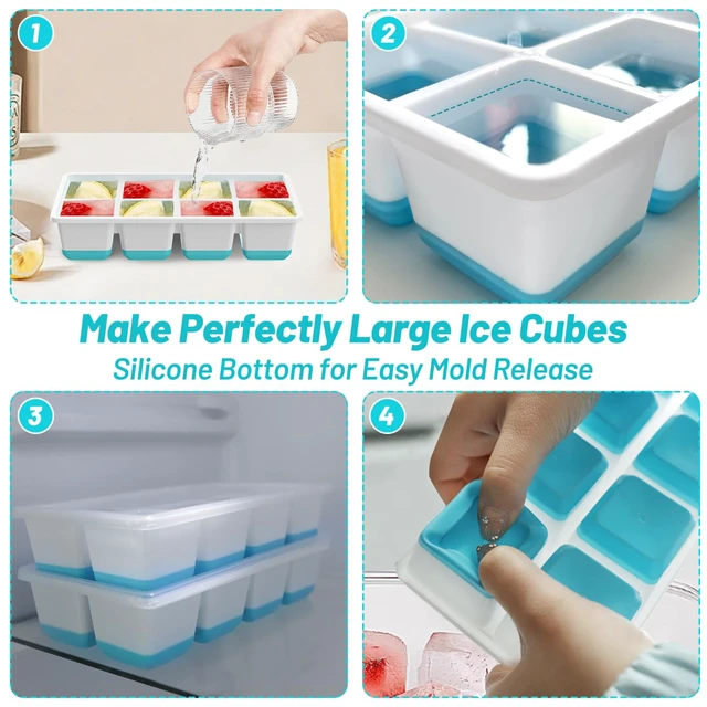 Alt view image 3 of 7 - Ice Cube Tray, 2 Pack Reusable Large Ice Cube Molds with Lid | Blue | Easy Release Silicone Base Design | Food-Grade Material | Stackable Space-Saving Design | BPA Free and Dishwasher