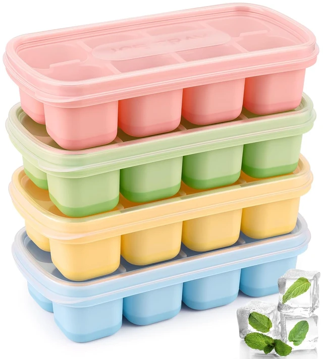 Main image of 4 Pack Mini Ice Cube Trays with Lids,32-Cube Ice Trays for Freezer | Durable Silicone & Plastic Easy-Release,Stackable,Applicable Mini or Small Fridge,Dorm,RV,Travel