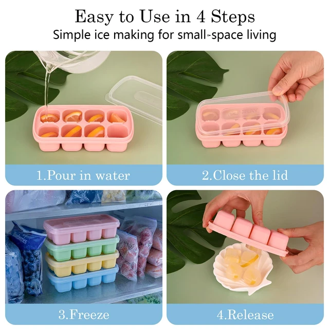 Alt view image 6 of 6 - 4 Pack Mini Ice Cube Trays with Lids,32-Cube Ice Trays for Freezer | Durable Silicone & Plastic Easy-Release,Stackable,Applicable Mini or Small Fridge,Dorm,RV,Travel