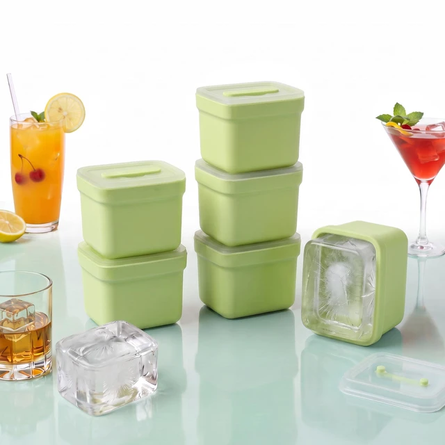 Main image of 6 Pack Individual Lidded Silicone Ice Cube Trays, Easy Release | BPA-free, Easy-Release, Dishwasher Safe, Stackable, Reusable, for Whiskey, Cocktails, Iced Coffee, and Party Treats Green