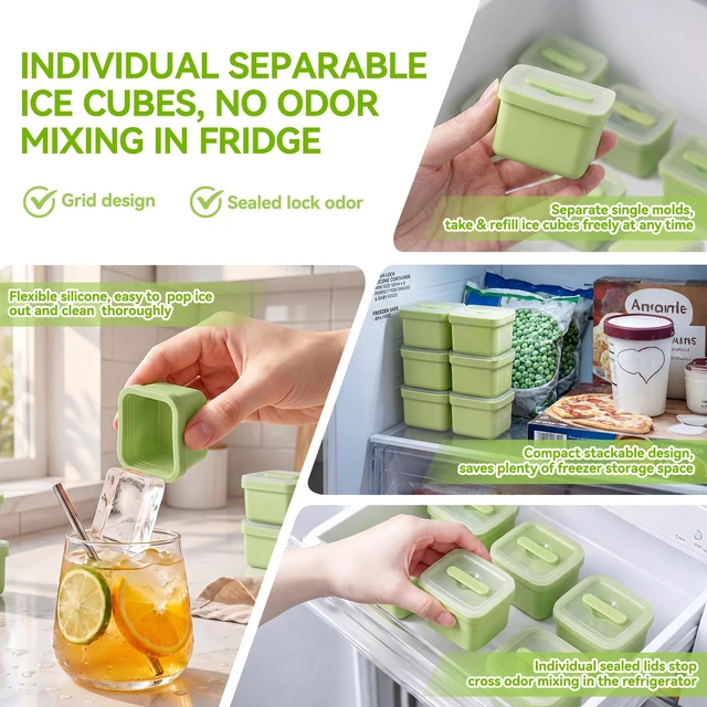 Alt view image 5 of 7 - 6 Pack Individual Lidded Silicone Ice Cube Trays, Easy Release | BPA-free, Easy-Release, Dishwasher Safe, Stackable, Reusable, for Whiskey, Cocktails, Iced Coffee, and Party Treats Green