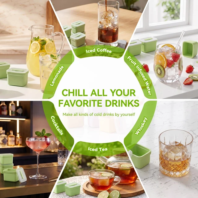 Alt view image 6 of 7 - 6 Pack Individual Lidded Silicone Ice Cube Trays, Easy Release | BPA-free, Easy-Release, Dishwasher Safe, Stackable, Reusable, for Whiskey, Cocktails, Iced Coffee, and Party Treats Green