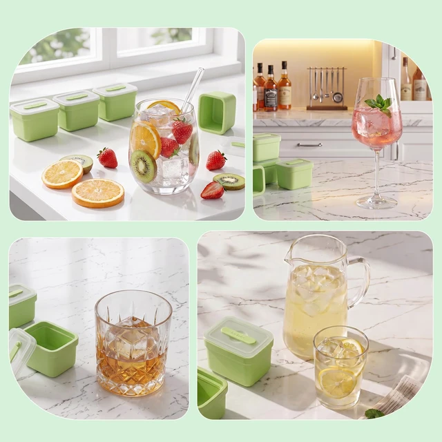 Alt view image 7 of 7 - 6 Pack Individual Lidded Silicone Ice Cube Trays, Easy Release | BPA-free, Easy-Release, Dishwasher Safe, Stackable, Reusable, for Whiskey, Cocktails, Iced Coffee, and Party Treats Green