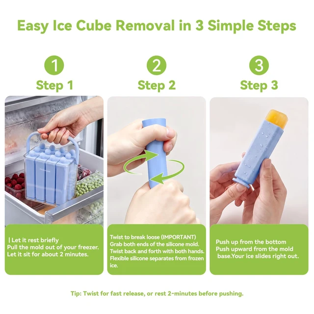Alt view image 2 of 7 - 12 Individual Lidded Silicone Ice Cube Trays, Skinny Reusable | Water Bottle Ice Cube Tray, slow-melt ice, Easy Release, whiskey coffee & fruit pops, stackable for easy storage Blue