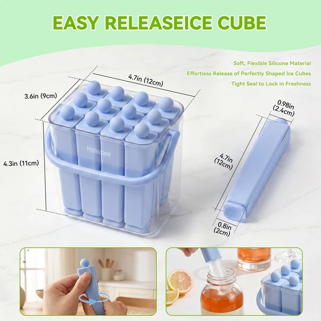 Alt view image 3 of 7 - 12 Individual Lidded Silicone Ice Cube Trays, Skinny Reusable | Water Bottle Ice Cube Tray, slow-melt ice, Easy Release, whiskey coffee & fruit pops, stackable for easy storage Blue