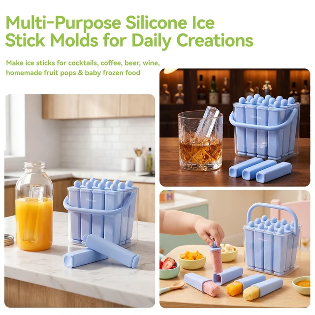 Alt view image 5 of 7 - 12 Individual Lidded Silicone Ice Cube Trays, Skinny Reusable | Water Bottle Ice Cube Tray, slow-melt ice, Easy Release, whiskey coffee & fruit pops, stackable for easy storage Blue
