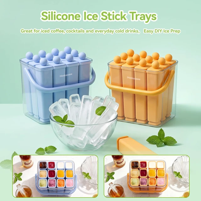 Alt view image 6 of 7 - 12 Individual Lidded Silicone Ice Cube Trays, Skinny Reusable | Water Bottle Ice Cube Tray, slow-melt ice, Easy Release, whiskey coffee & fruit pops, stackable for easy storage Blue