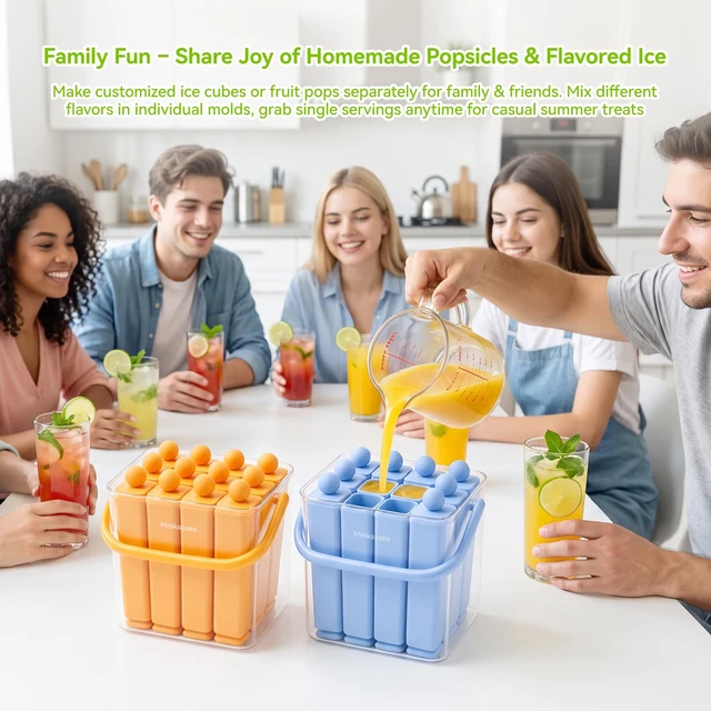 Alt view image 7 of 7 - 12 Individual Lidded Silicone Ice Cube Trays, Skinny Reusable | Water Bottle Ice Cube Tray, slow-melt ice, Easy Release, whiskey coffee & fruit pops, stackable for easy storage Orange