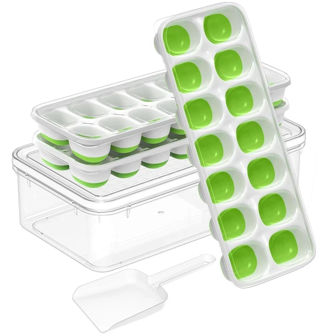 Main image of 3-Pack Ice Cube Trays with Lids - 42-Cube Durable Silicone & Plastic Easy Release Ice Molds with Storage Container & Scoop for Kitchen, RV, Cocktails, Coffee & Drink