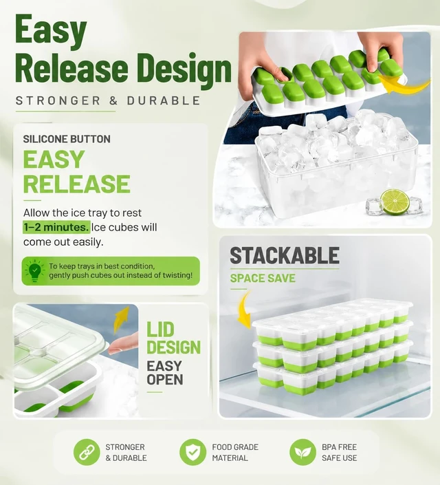 Alt view image 4 of 7 - 3-Pack Ice Cube Trays with Lids - 42-Cube Durable Silicone & Plastic Easy Release Ice Molds with Storage Container & Scoop for Kitchen, RV, Cocktails, Coffee & Drink