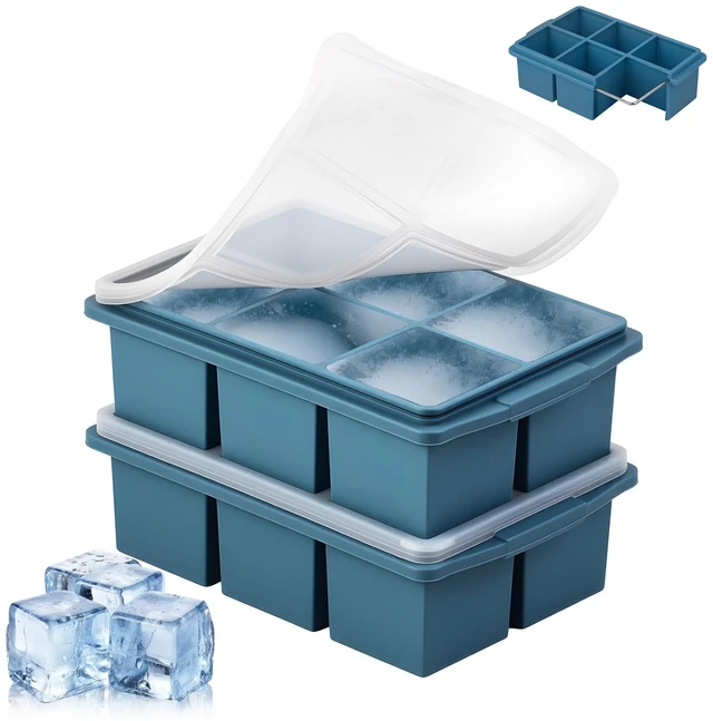 Main image of Large Ice Cube Trays for Whiskey (2 Pack) - Silicone Ice Cube Molds with Steel Frame Reinforcement & Lid, 2-Inch Square Ice Cubes for Whisky, Cocktails, Coffee, Tea - Easy Release