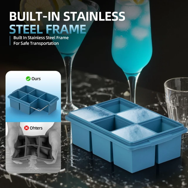 Alt view image 3 of 7 - Large Ice Cube Trays for Whiskey (2 Pack) - Silicone Ice Cube Molds with Steel Frame Reinforcement & Lid, 2-Inch Square Ice Cubes for Whisky, Cocktails, Coffee, Tea - Easy Release