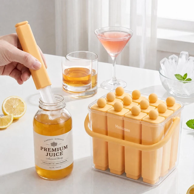 Main image of 12 Individual Lidded Silicone Ice Cube Trays, Skinny Reusable | Water Bottle Ice Cube Tray, slow-melt ice, Easy Release, whiskey coffee & fruit pops, stackable for easy storage Orange