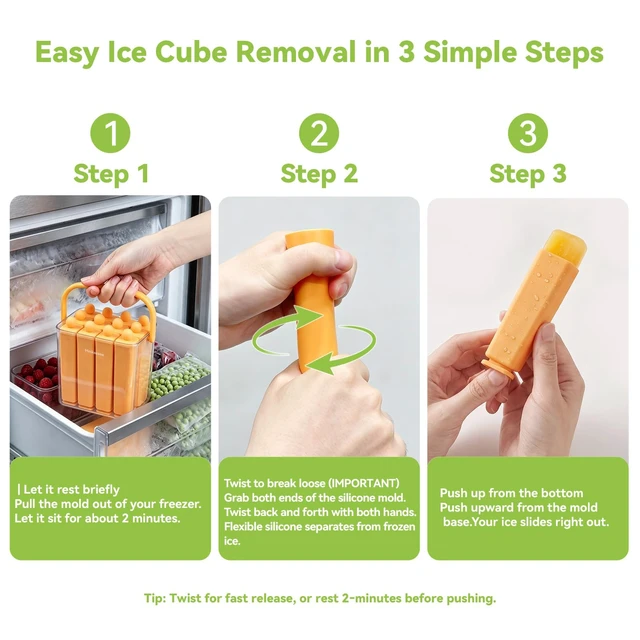 Alt view image 2 of 7 - 12 Individual Lidded Silicone Ice Cube Trays, Skinny Reusable | Water Bottle Ice Cube Tray, slow-melt ice, Easy Release, whiskey coffee & fruit pops, stackable for easy storage Orange