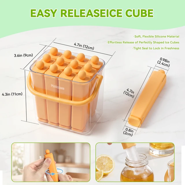 Alt view image 3 of 7 - 12 Individual Lidded Silicone Ice Cube Trays, Skinny Reusable | Water Bottle Ice Cube Tray, slow-melt ice, Easy Release, whiskey coffee & fruit pops, stackable for easy storage Orange