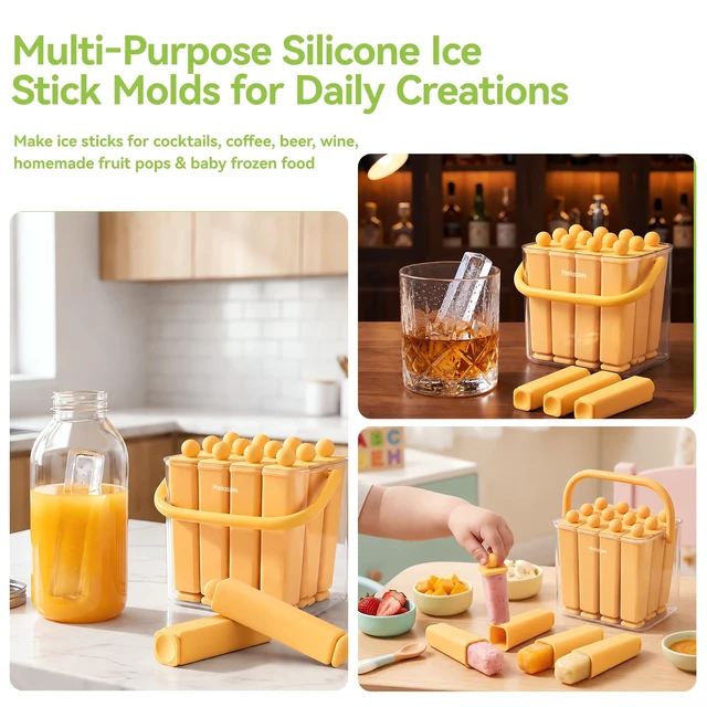 Alt view image 5 of 7 - 12 Individual Lidded Silicone Ice Cube Trays, Skinny Reusable | Water Bottle Ice Cube Tray, slow-melt ice, Easy Release, whiskey coffee & fruit pops, stackable for easy storage Orange