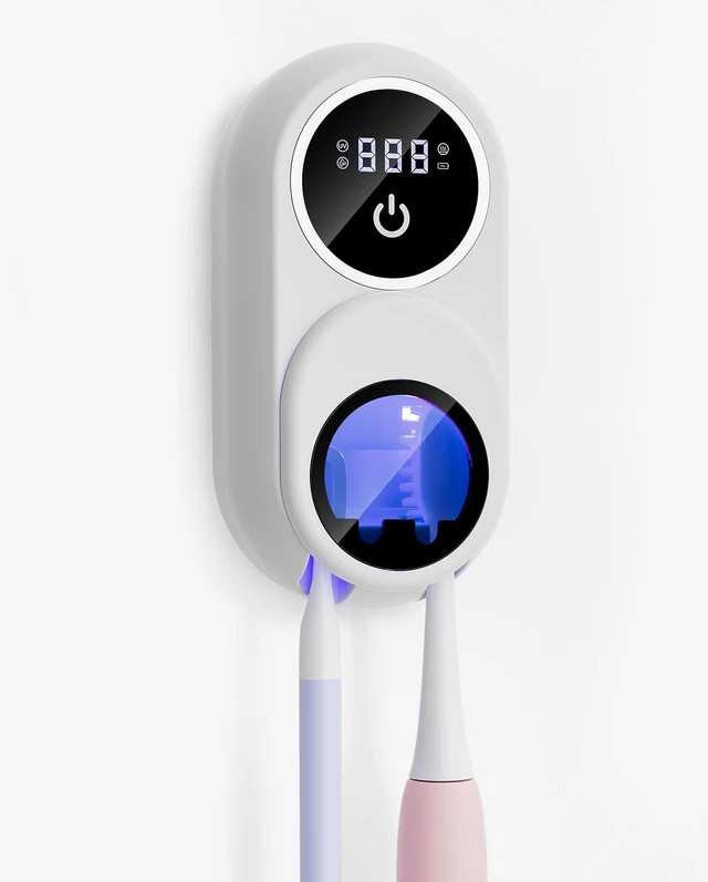 Main image of Toothbrush Holder & Toothbrush Cleaner, UV Toothbrush Sanitizer and Holder 2 Slots, Cleaning and Fan & Heat Drying, LED Smart Screen, Wall Mounted Tooth Brush Holder for Bathrooms (White)