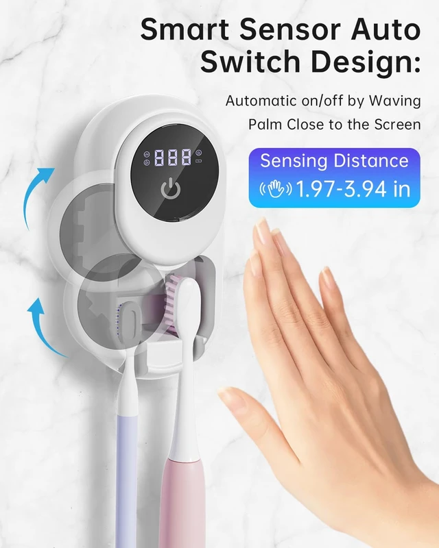 Alt view image 2 of 7 - Toothbrush Holder & Toothbrush Cleaner, UV Toothbrush Sanitizer and Holder 2 Slots, Cleaning and Fan & Heat Drying, LED Smart Screen, Wall Mounted Tooth Brush Holder for Bathrooms (White)