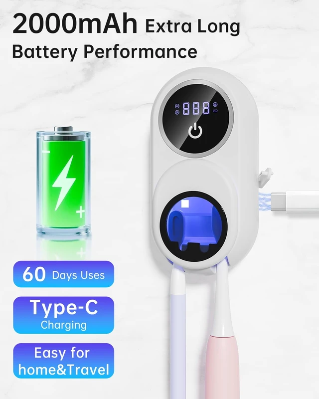 Alt view image 5 of 7 - Toothbrush Holder & Toothbrush Cleaner, UV Toothbrush Sanitizer and Holder 2 Slots, Cleaning and Fan & Heat Drying, LED Smart Screen, Wall Mounted Tooth Brush Holder for Bathrooms (White)