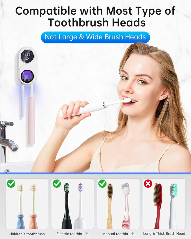 Alt view image 6 of 7 - Toothbrush Holder & Toothbrush Cleaner, UV Toothbrush Sanitizer and Holder 2 Slots, Cleaning and Fan & Heat Drying, LED Smart Screen, Wall Mounted Tooth Brush Holder for Bathrooms (White)