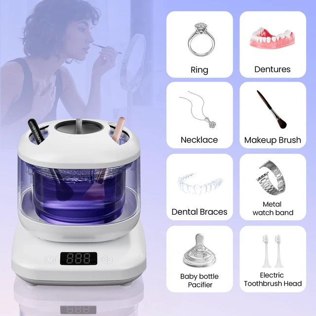 Alt view image 5 of 7 - Ultrasonic Retainer Cleaner Machine with UV,Sonic Jewelry Cleaner for Rings | Automatic Denture and Aligners Cleaning Pod for Night Guards, Mouth Guards,One-Touch 4 Modes Makeup Brush Cleaner Electric