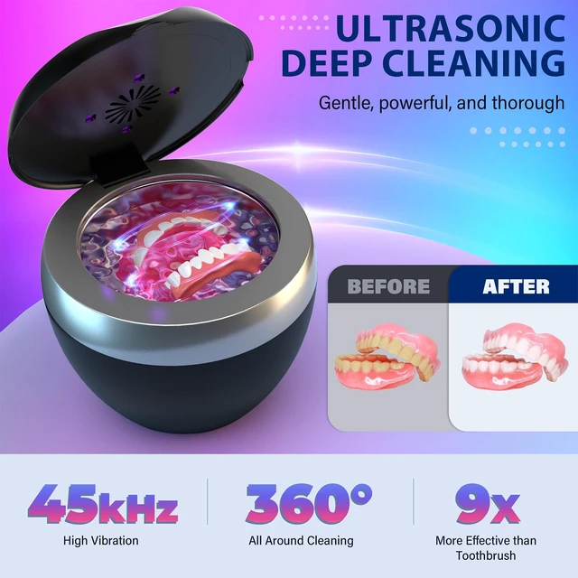 Alt view image 2 of 7 - Ultrasonic Retainer Cleaner, 200ML Denture Cleaner for Mouthguard, Aligner, Brace, Night Guard and Dental Appliance with 4 Modes, 45kHz Jewelry Cleaner for Rings, Dental Cleaning Pod with Basket