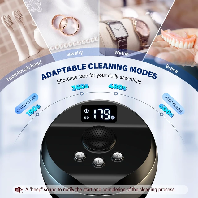 Alt view image 5 of 7 - Ultrasonic Retainer Cleaner, 200ML Denture Cleaner for Mouthguard, Aligner, Brace, Night Guard and Dental Appliance with 4 Modes, 45kHz Jewelry Cleaner for Rings, Dental Cleaning Pod with Basket