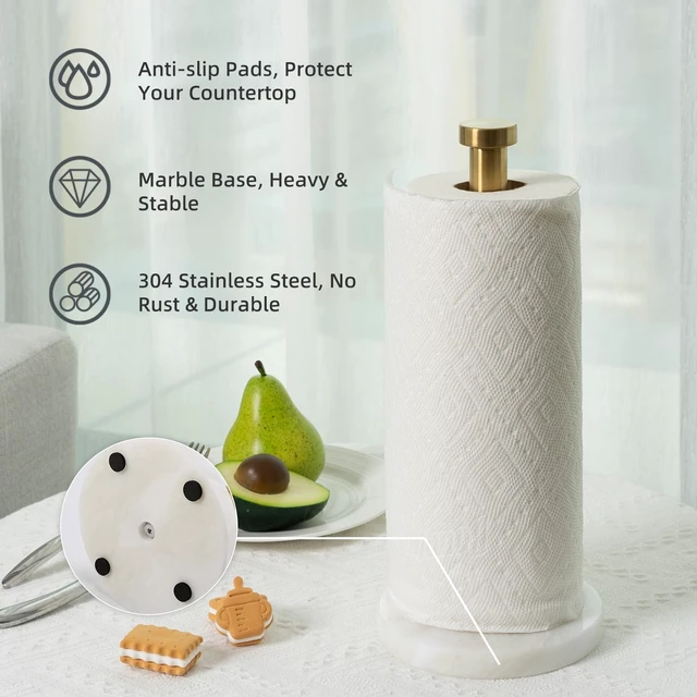Alt view image 2 of 7 - African Genuine Marble Paper Towel Holder Countertop, 6" Stone Base Gold Rod Paper Towel Holder Stand for Kitchen Storage, for Standard or Jumbo-Sized Rolls