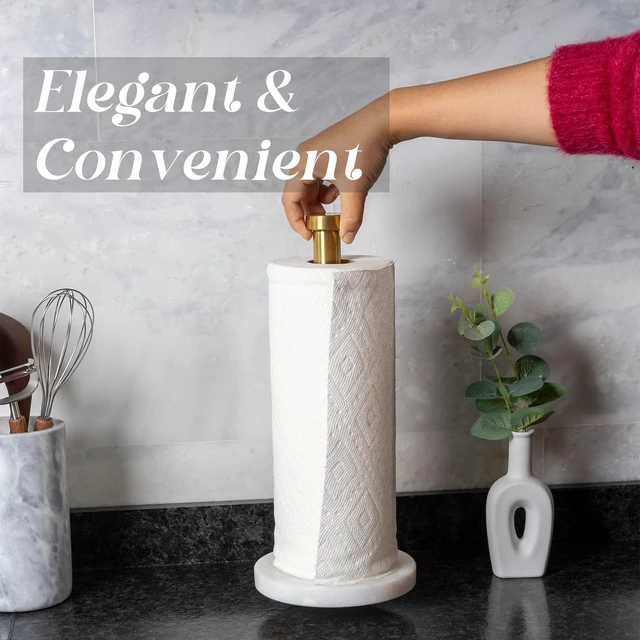 Alt view image 3 of 7 - African Genuine Marble Paper Towel Holder Countertop, 6" Stone Base Gold Rod Paper Towel Holder Stand for Kitchen Storage, for Standard or Jumbo-Sized Rolls