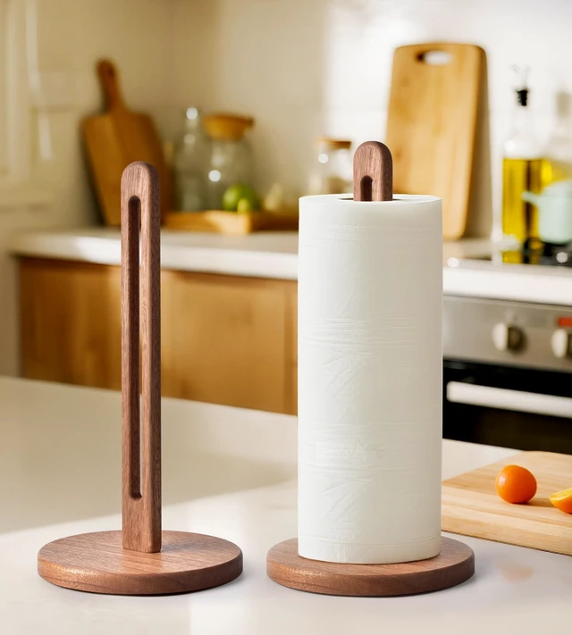 Alt view image 6 of 7 - Acacia Wooden Paper Towel Holder Countertop, 6.5" Jumbo Base, Fits Jumbo Rolls, Large Freestanding Dark Wood Paper Towel Stand Upgraded Dispenser Organizer with Non-Slip Base