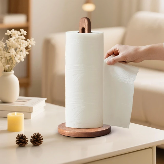 Alt view image 5 of 7 - Acacia Wooden Paper Towel Holder Countertop, 6.5" Jumbo Base, Fits Jumbo Rolls, Large Freestanding Dark Wood Paper Towel Stand Upgraded Dispenser Organizer with Non-Slip Base