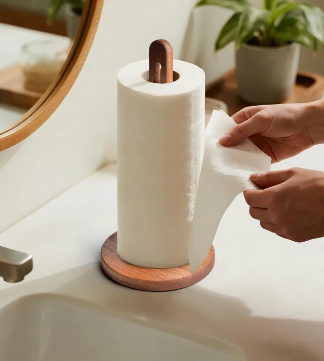 Alt view image 7 of 7 - Acacia Wooden Paper Towel Holder Countertop, 6.5" Jumbo Base, Fits Jumbo Rolls, Large Freestanding Dark Wood Paper Towel Stand Upgraded Dispenser Organizer with Non-Slip Base