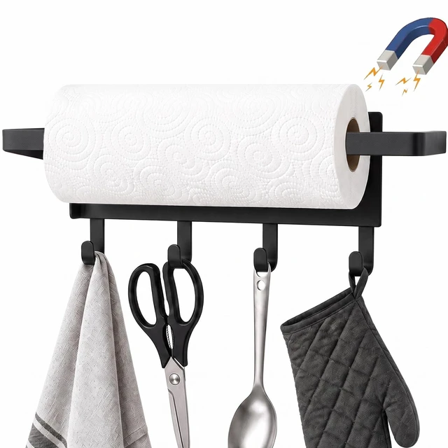 Main image of Strong Magnetic Paper Towel Holder for Fridge (Black) | Stainless Steel Papertowel Rack, Heavy Duty, No Drill Roll Holder for Kitchen Refrigerators, RVs, Garages, Grills