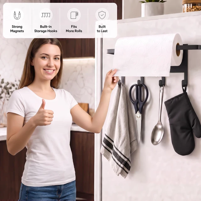 Alt view image 2 of 7 - Strong Magnetic Paper Towel Holder for Fridge (Black) | Stainless Steel Papertowel Rack, Heavy Duty, No Drill Roll Holder for Kitchen Refrigerators, RVs, Garages, Grills