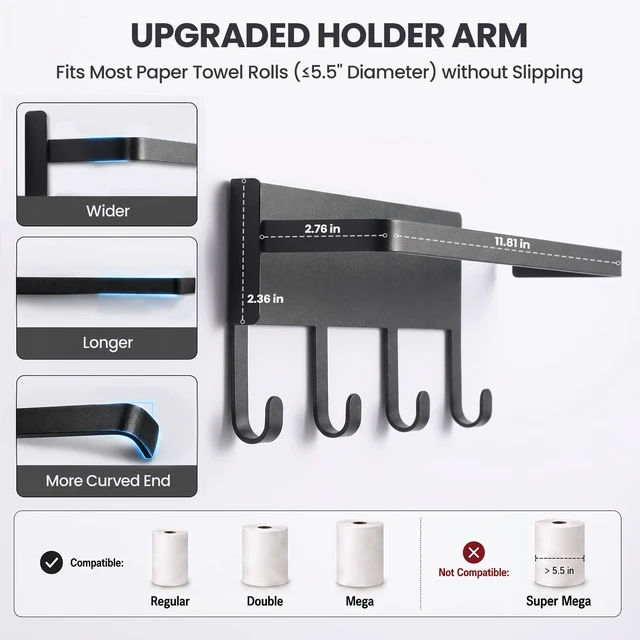 Alt view image 6 of 7 - Strong Magnetic Paper Towel Holder for Fridge (Black) | Stainless Steel Papertowel Rack, Heavy Duty, No Drill Roll Holder for Kitchen Refrigerators, RVs, Garages, Grills