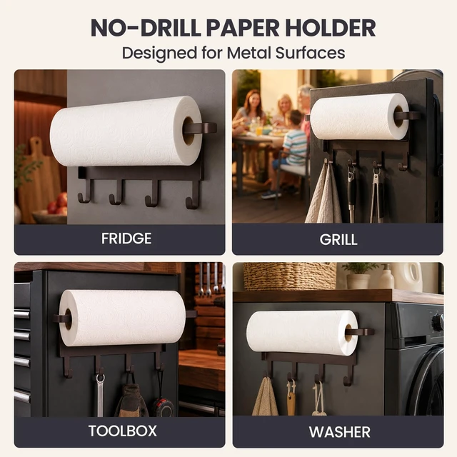 Alt view image 7 of 7 - Strong Magnetic Paper Towel Holder for Fridge (Black) | Stainless Steel Papertowel Rack, Heavy Duty, No Drill Roll Holder for Kitchen Refrigerators, RVs, Garages, Grills