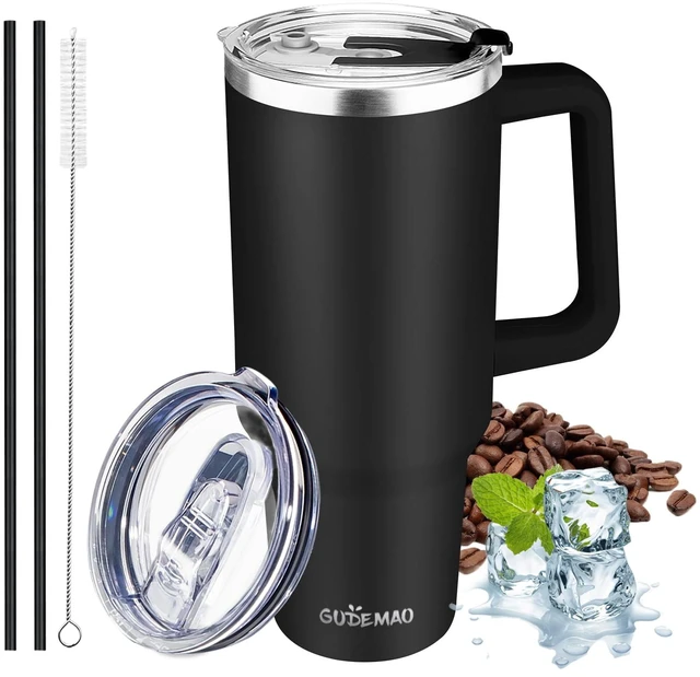 Main image of 40 oz Tumbler with Handle, Insulated Tumbler with Lid and Straw, Reusable Stainless Steel Vacuum Insulated Cup, 100% Leak Proof Thermal Travel Coffee Mug Cup for Cold and Hot (Black)