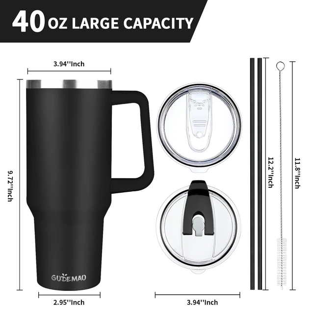 Alt view image 2 of 7 - 40 oz Tumbler with Handle, Insulated Tumbler with Lid and Straw, Reusable Stainless Steel Vacuum Insulated Cup, 100% Leak Proof Thermal Travel Coffee Mug Cup for Cold and Hot (Black)