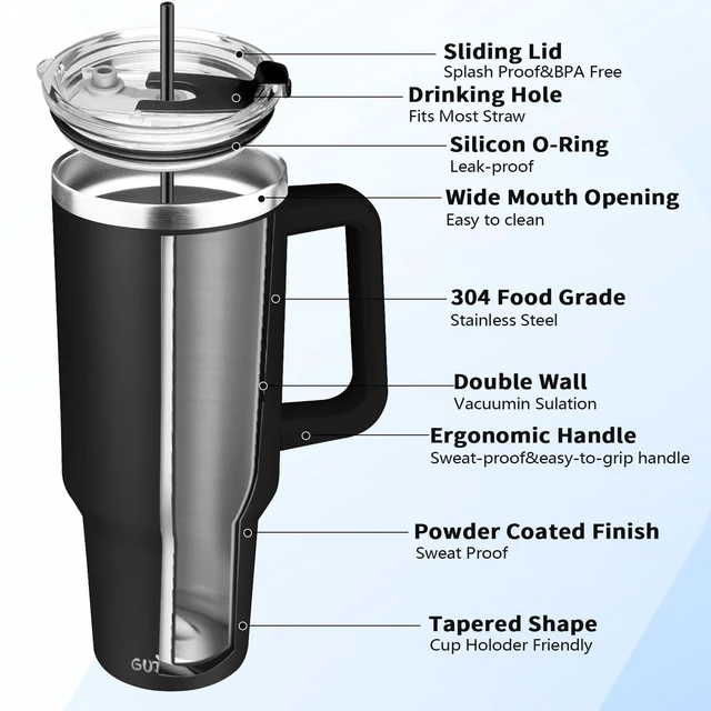 Alt view image 3 of 7 - 40 oz Tumbler with Handle, Insulated Tumbler with Lid and Straw, Reusable Stainless Steel Vacuum Insulated Cup, 100% Leak Proof Thermal Travel Coffee Mug Cup for Cold and Hot (Black)